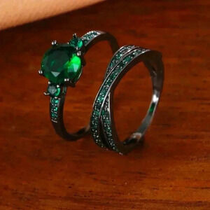 Two-piece green cubic zirconia gemstone wedding proposal rings women's jewelry